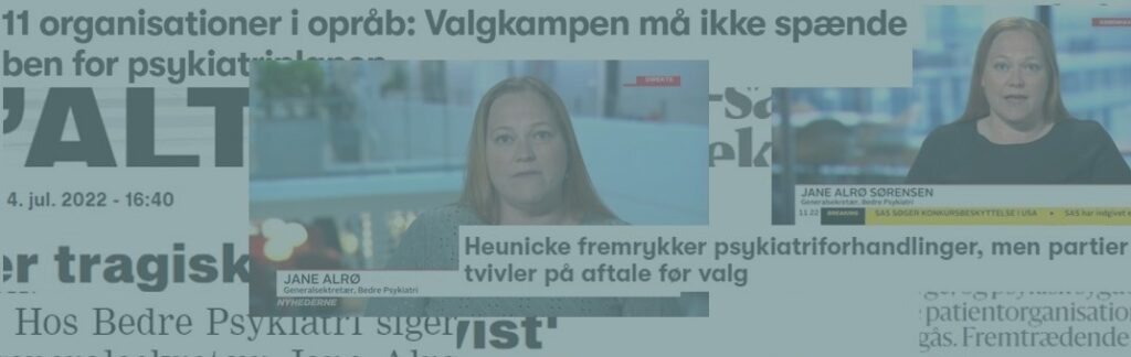 kvinde vises på tv-skærm med overskriften: "Heunicke fremrykker psykiatri, tvivler på aftale før valg," omgivet af udklip fra avistekster.
