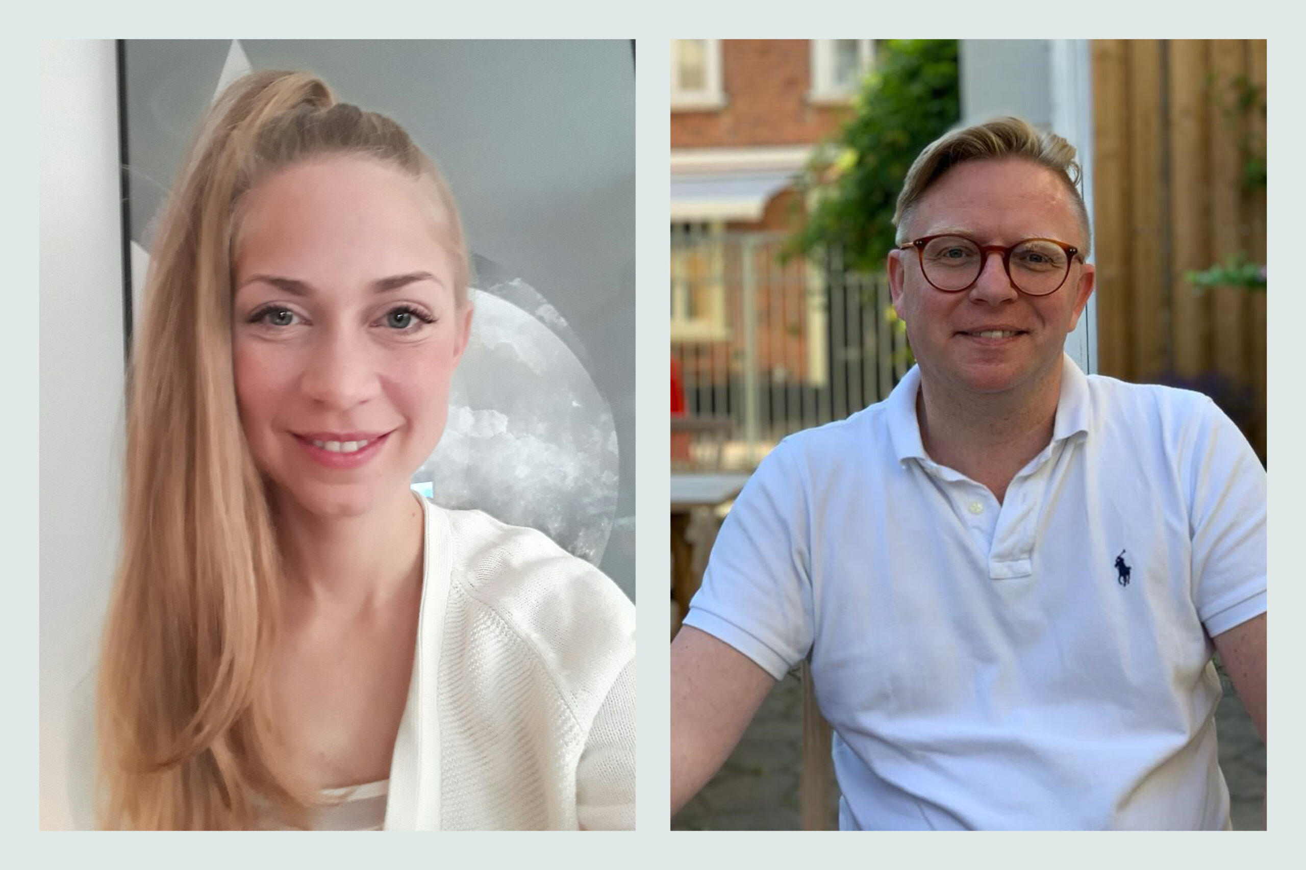 personer ses side om side, en kvinde med langt blondt hår indendørs og en mand med lysebrunt hår og briller udendørs, begge smilende.