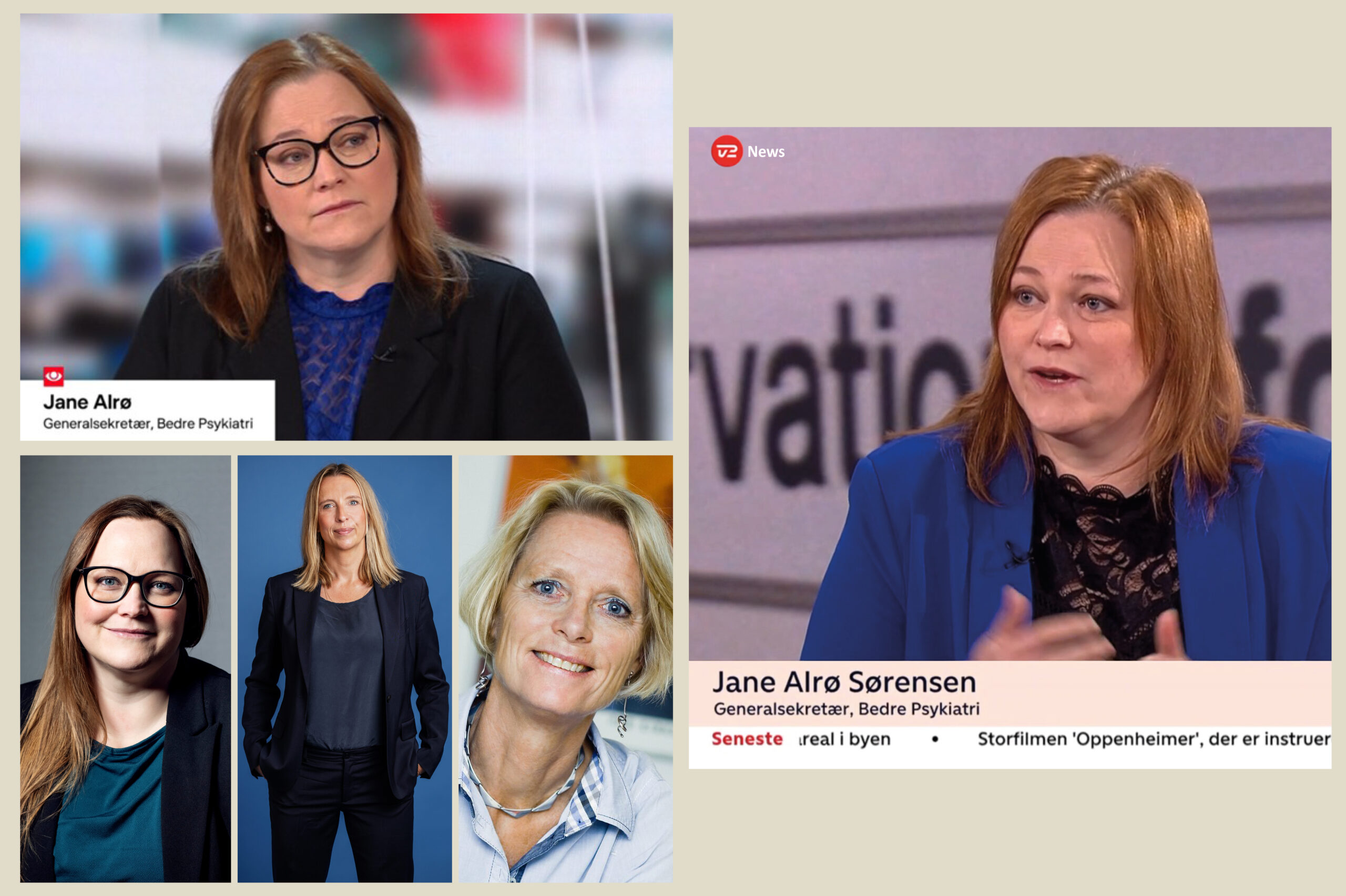 Collage med fire billeder af kvinder, to af dem er tv-interviews. Øverste og højre billede viser den samme kvinde med briller og blå jakke.
