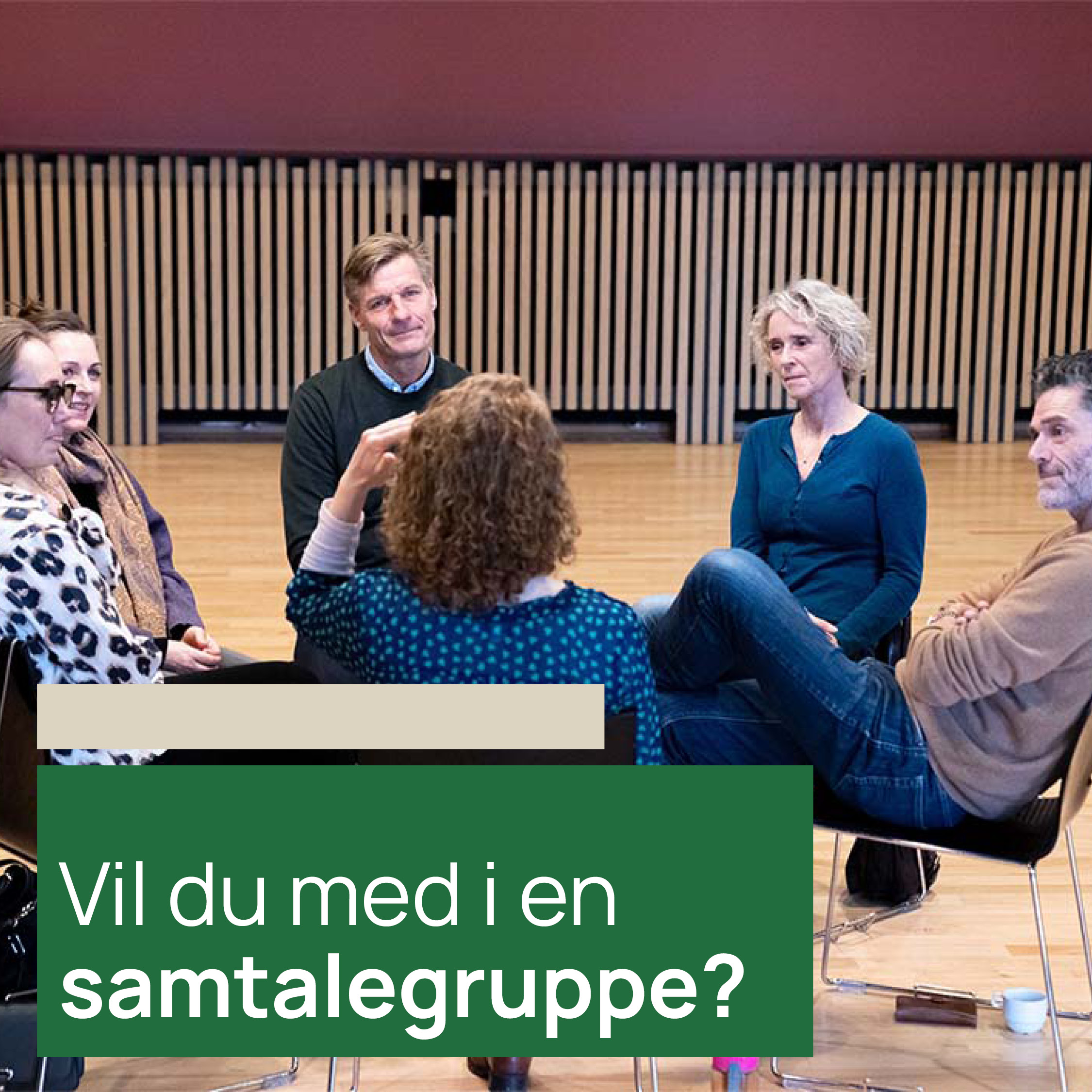 Fem voksne sidder i en rundkreds og taler sammen i et lyst lokale. Tekst: "Vil du med i en samtalegruppe?"