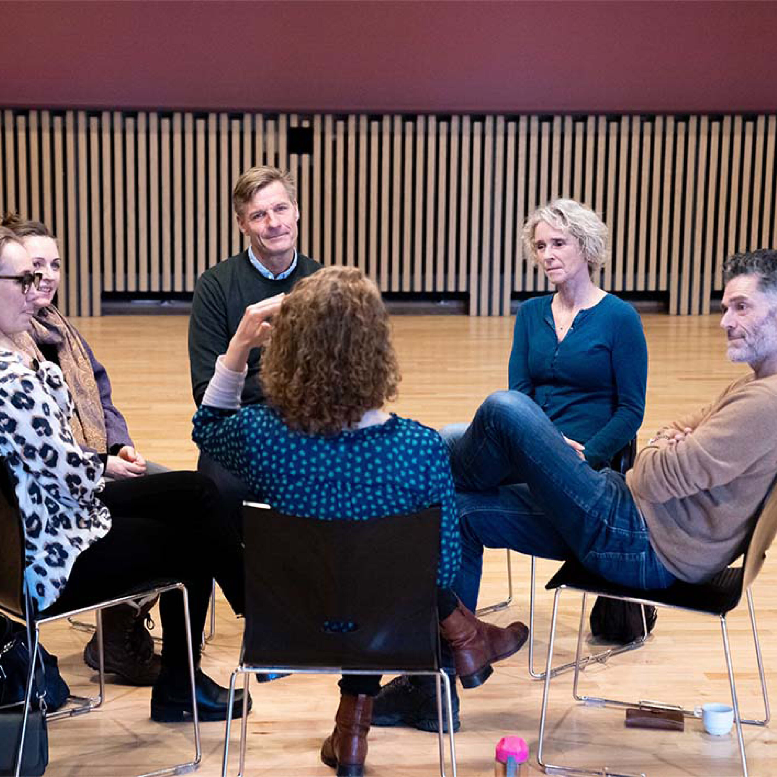 gruppe på seks voksne mennesker sidder i en rundkreds og har en samtale i et lyst lokale med trægulv og panelvæg i baggrunden.